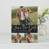 Moderne script trendy drie foto save the date (Staand voorkant)