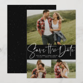 Moderne script trendy drie foto save the date (Voorkant / Achterkant)