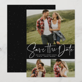 Moderne script trendy drie foto save the date