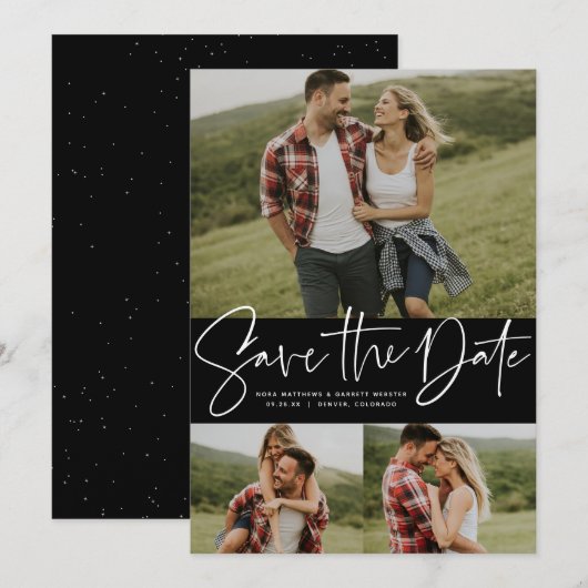 Moderne script trendy drie foto save the date (Voorkant / Achterkant)