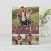 Moderne script trendy drie foto save the date (Staand voorkant)