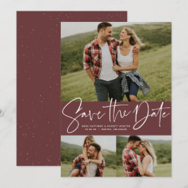 Moderne script trendy drie foto save the date