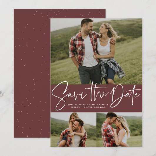 Moderne script trendy drie foto save the date (Voorkant / Achterkant)