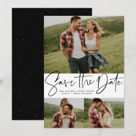 Moderne script trendy drie foto zwart en wit save the date