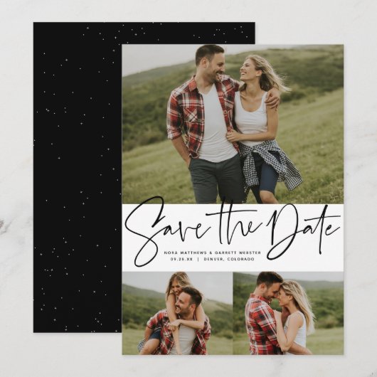 Moderne script trendy drie foto zwart en wit save the date (Voorkant / Achterkant)
