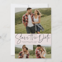 Moderne script trendy drie foto's blush roze save the date
