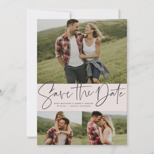 Moderne script trendy drie foto's blush roze save the date (Voorkant)