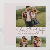 Moderne script trendy drie foto's blush roze save the date (Voorkant / Achterkant)