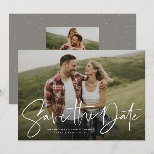 Moderne script trendy save the date fotokaart (Voorkant / Achterkant)