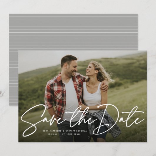 Moderne script trendy save the date fotokaart (Voorkant / Achterkant)