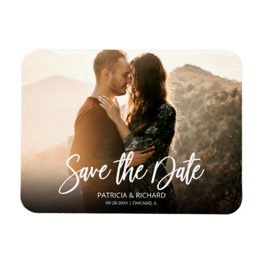 Moderne Script Trouw Save The Date Foto Magneet (Horizontaal)
