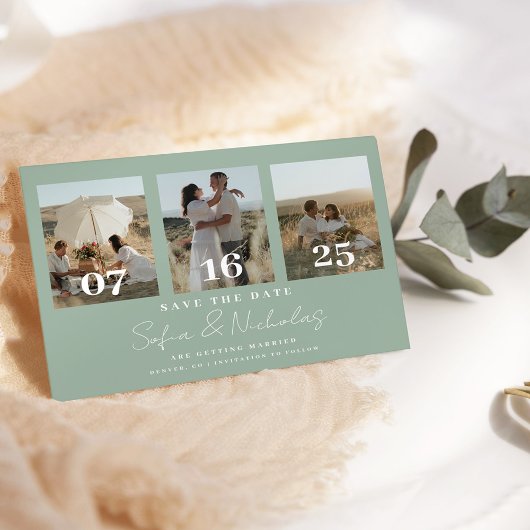 Moderne Script Trouwcollage Saliegroen Save The Date