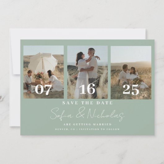 Moderne Script Trouwcollage Saliegroen Save The Date (Voorkant)