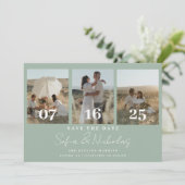 Moderne Script Trouwcollage Saliegroen Save The Date (Staand voorkant)