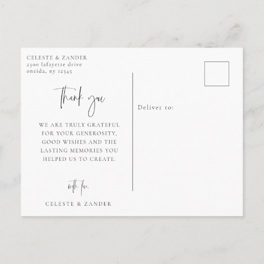 Moderne Script Trouwfoto Dank Je Briefkaart (Achterkant)