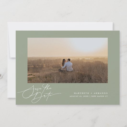 Moderne Script Trouwwebsite Sage Foto  Save The Date (Voorkant)