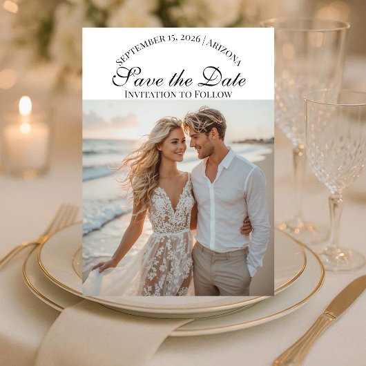 Moderne Script Twee Strandfoto's Bestemming Huweli Save The Date