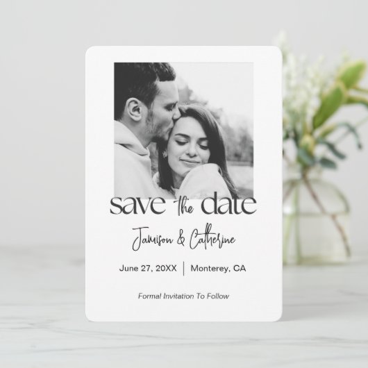 Moderne Script Typografie Zwart-wit Foto Save The Date (Staand voorkant)