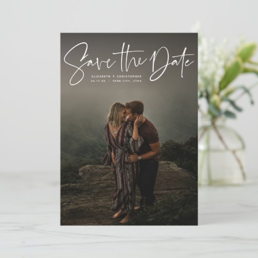 Moderne script verticale foto save the date (Staand voorkant)
