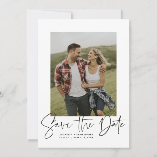 Moderne script verticale foto save the date (Voorkant)