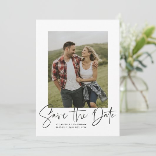 Moderne script verticale foto save the date (Staand voorkant)