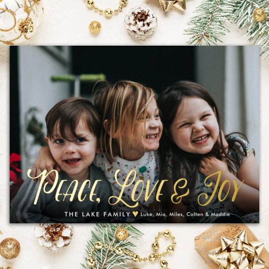 Moderne Script Vrede Liefde Vreugde Kerst Foto Folie Feestdagenkaart