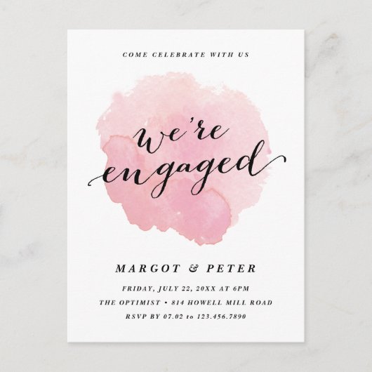Moderne Script Waterverf Engagement Party Uitnodiging Briefkaart (Voorkant)