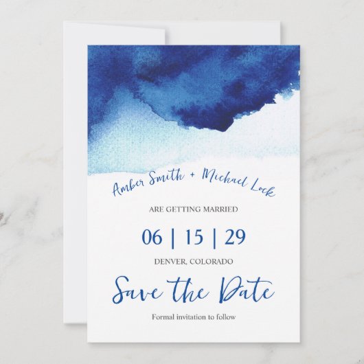 Moderne Script Waterverf Indigo Blauw Foto Save The Date (Voorkant)