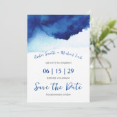 Moderne Script Waterverf Indigo Blauwe Foto Save The Date (Staand voorkant)