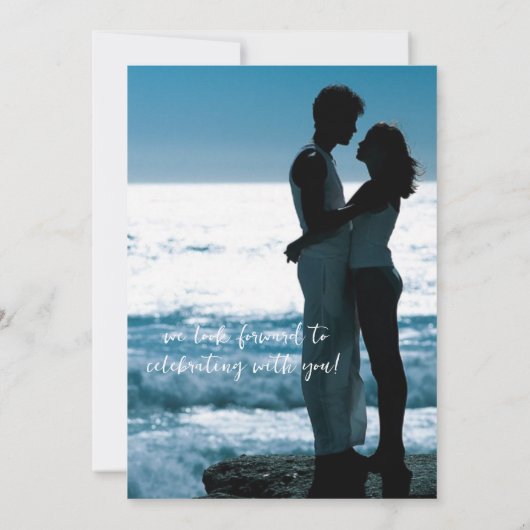 Moderne Script Waterverf Indigo Blauwe Foto Save The Date (Achterkant)