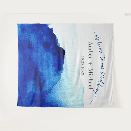 Moderne Script Waterverf Indigo Blauwe Trouw Wandkleed (Voorkant (horizontaal))