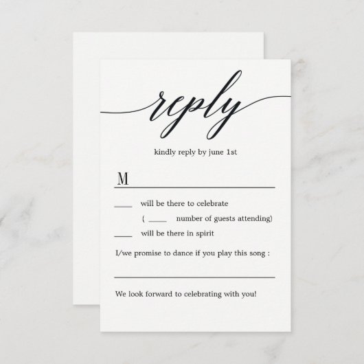Moderne Script Wedding RSVP zonder menuopties Kaart (Voorkant / Achterkant)