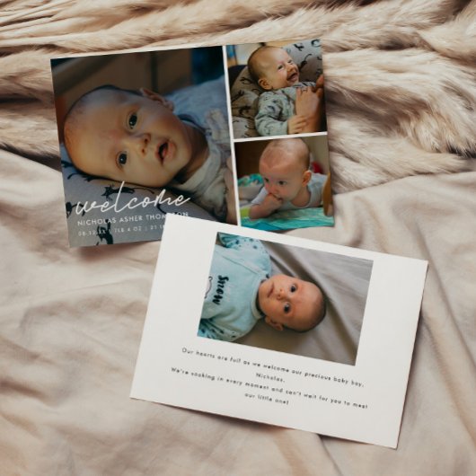 Moderne script "Welkom" 4-foto baby geboorte Aankondiging