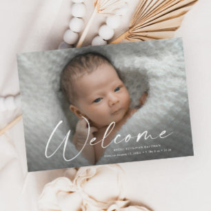 Moderne Script Welkom Baby Foto Geboorte Details Bedankkaart