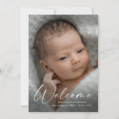 Moderne script Welkom baby foto geboortedetails Bedankkaart (Voorkant)