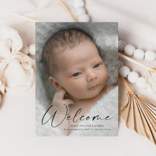 Moderne script Welkom baby foto geboortedetails Bedankkaart