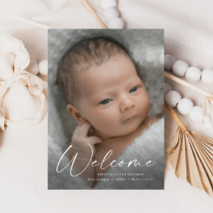 Moderne script Welkom baby foto geboortedetails Bedankkaart