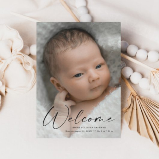 Moderne script Welkom baby foto geboortedetails Bedankkaart