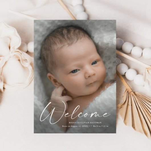 Moderne script Welkom baby foto geboortedetails Bedankkaart