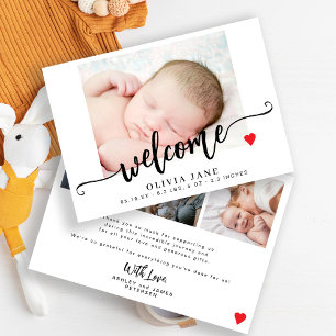 Moderne script welkom nieuwe baby foto collage geb aankondiging