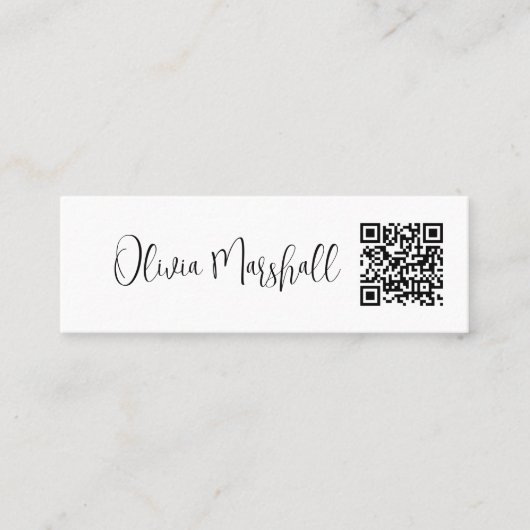 Moderne Script White Black Minimalist QR CODE Mini Visitekaartje (Voorkant)
