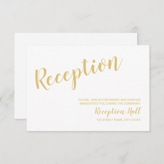 Moderne Script White en Gold Wedding Reception Kaart (Voorkant / Achterkant)