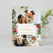 Moderne Script Winter Botanisch 3 Foto Goud Folie Feestdagenkaart (Staand Voorkant)