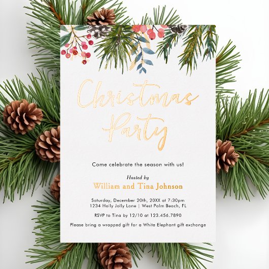 Moderne Script Winter Hulst Bessen Kerstfeest Folie Uitnodiging