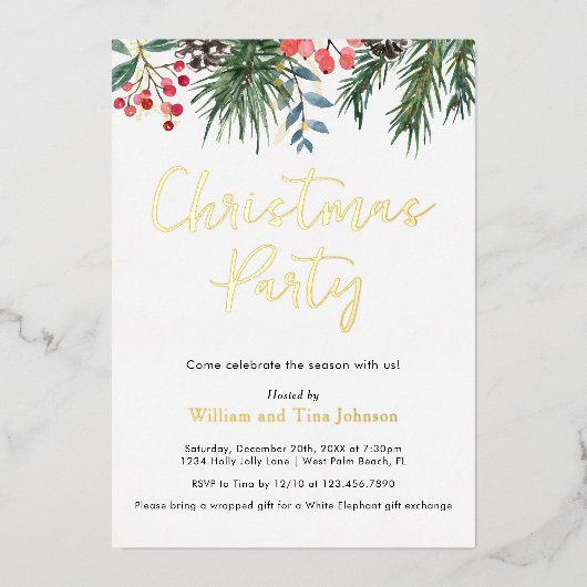 Moderne Script Winter Hulst Bessen Kerstfeest Folie Uitnodiging (Voorkant)