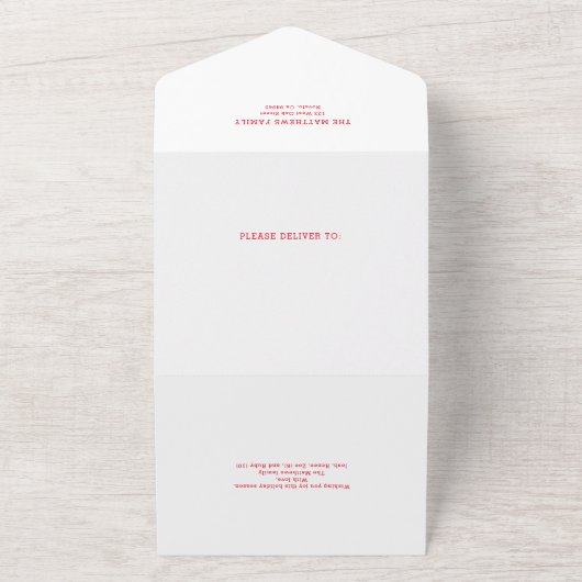 Moderne Script Wit & Rood Vakantie Fotokaart All In One Uitnodiging (Buitenkant)