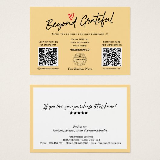 Moderne Script Yellow QR-codecadeaukaart Visitekaartje (Voorkant /achterkant)