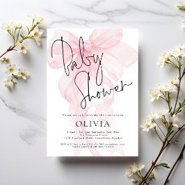 Moderne Script Zacht Roze Strik Baby Shower Kaart