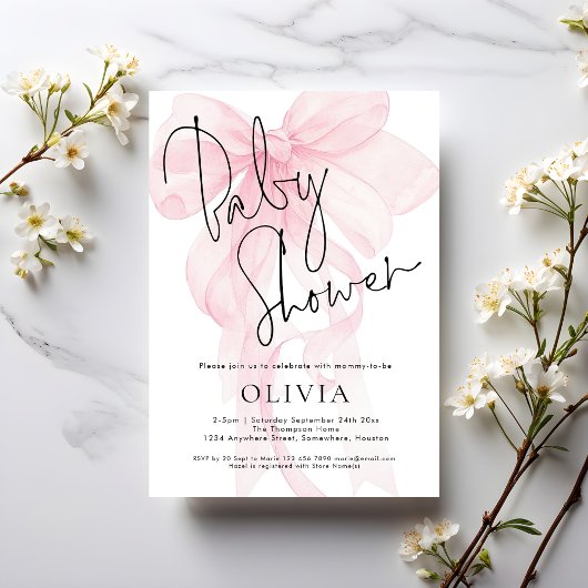 Moderne Script Zacht Roze Strik Baby Shower Kaart