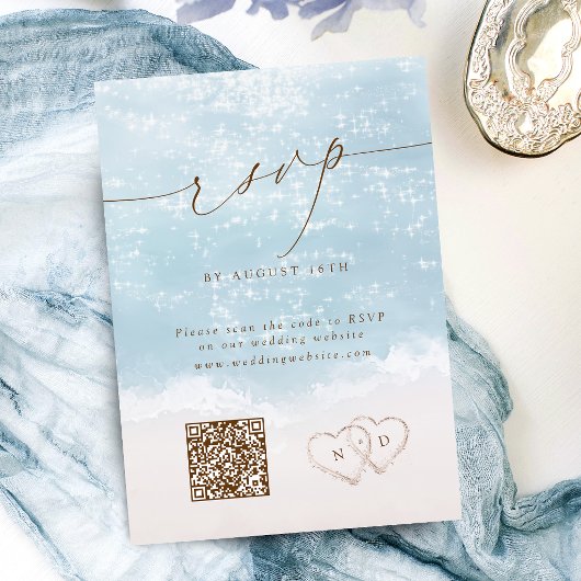 Moderne Script Zand Harten QR Code Strand Bruiloft RSVP Kaartje